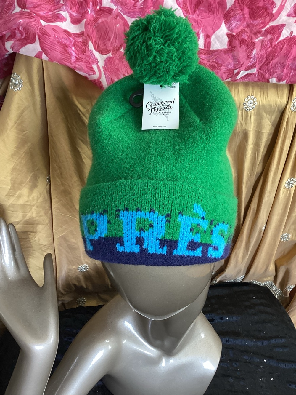 Green Pom Knit Beanie with Blue Accent APRES